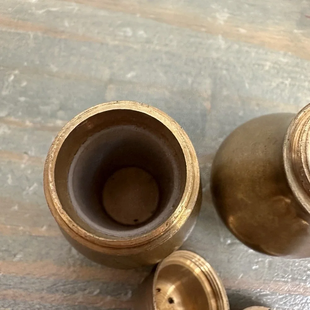 Vintage MCM Solid Brass Salt And Pepper Shakers Lined Screw on Lid Patina Clean